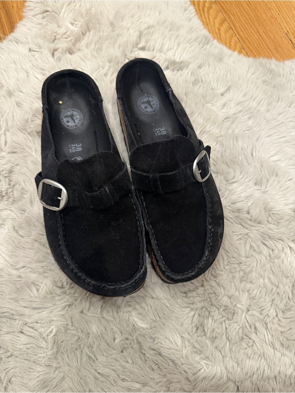 Birkenstock Black Suede Mule Clogs with Silver Buckle